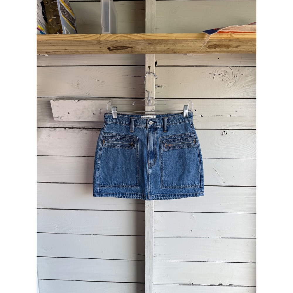 Abercrombie & Fitch High Rise Denim Mini Skirt Blue Utility Zip Pocket Size 27 4